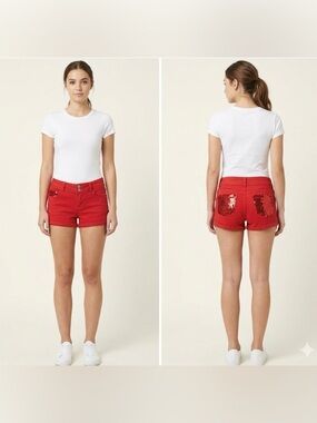 Women’s Red Cuffed Shorts Rue21 3inch Inseam Sequin Pockets Size 3 / 4